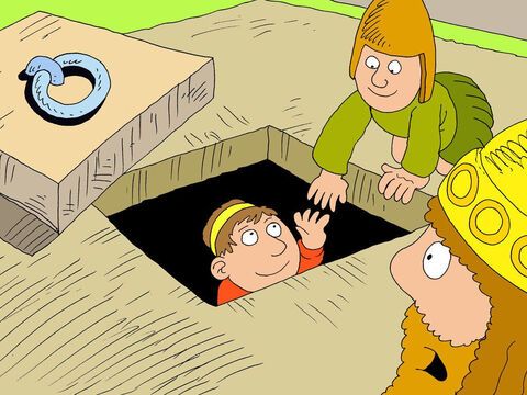 ‘Pull Daniel out of the den at once!’ the king ordered. Daniel was very pleased to be out of the hole. – Slide 30