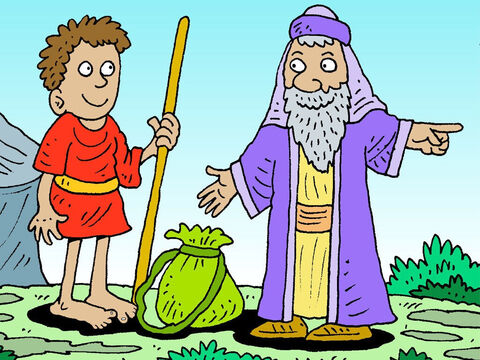 David was the youngest of eight brothers. His three eldest brothers were serving in the Israelite army at a time when the Philistines were very strong and powerful. David’s father Jesse asked David to take some provisions of wheat and bread to his soldier brothers and see how they were doing. – Slide 1