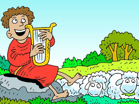 As he watched over them he learnt to play the harp and sang songs of praise to God. Some of his songs are known as psalms and can be found in the Bible. – Slide 9