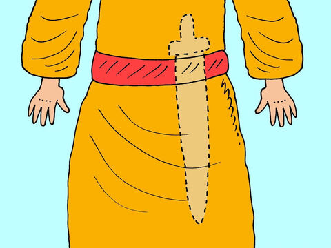 As Ehud was left-handed he wore his double-edged sword on the right hand side so he could draw it quickly. Before he met the king he hid the sword under his garments so no-one would see it. – Slide 8