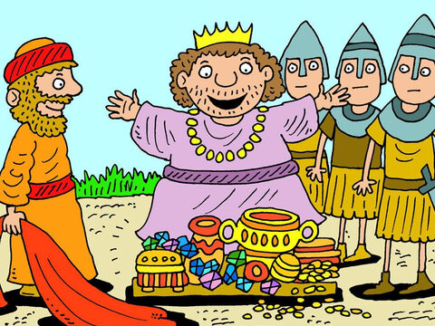 Ehud revealed the tribute gifts for the king who was delighted to see the treasures. – Slide 10