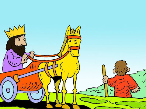 So King Ahab went to eat and drink. Elijah climbed to the top of Mount Carmel with his servant. – Slide 38