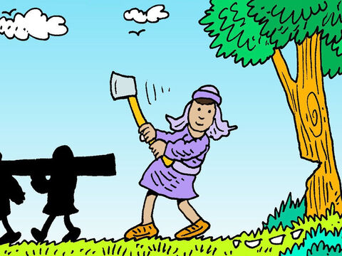 They went to the Jordan and began to cut down trees. As one of them was cutting down a tree, the iron axe-head came loose. – Slide 3