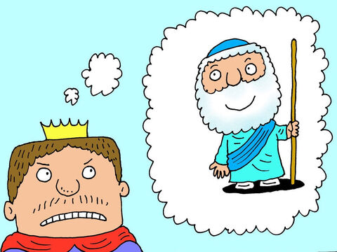 ‘I need to blame someone for this mess,’ thought the King. He decided it couldn’t possibly be his fault or the result of his own bad behaviour and disobedience. So he decided to blame the one person who had obeyed God – Elisha the prophet. – Slide 12