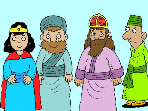 This is a wonderful true story of a young woman who loved the Lord and how God used her to save the Jewish people from destruction. Here are the main characters in the story. On the left is Esther and her uncle Haman. Next is King Ahasuerus and a powerful man called Haman. – Slide 1