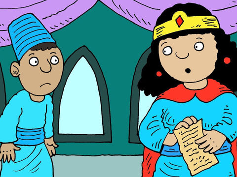 Soon Queen Esther heard about Haman’s plan. She was a Jew but the king did not know this. She sent a servant to Mordecai asking him for advice. – Slide 13