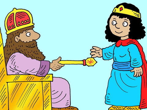 ‘What can I do for you?’ the king asked. ‘Ask me anything you like.’ <br/>I would like you to come to a feast,’ Esther replied. ‘And I would like to invite Haman too.’ – Slide 19