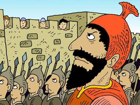 One day the very powerful and cruel king Sennacherib, ruler of the Assyrians marched on Jerusalem with his large and powerful army and lay siege to the city. – Slide 2