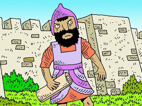 A man called Rabshakeh spoke for the Assyrian king. He shouted insults at the people inside the city walls. He boasted how powerful the Assyrian army was and said they should not listen to King Hezekiah because he was powerless to fight back. He mocked them and said that God would not rescue them. – Slide 4