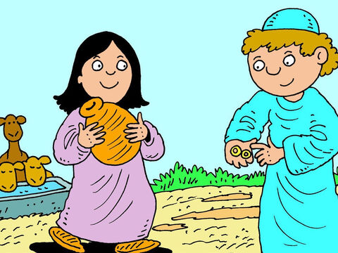The servant watched as Rebekah went back and forth from the well to fill a trough for the camels to drink. When she had finished he took out two gold bracelets for her. – Slide 9