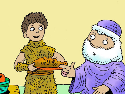Jacob went to his father Isaac with the tasty food and the bread Rebekah had made. ‘I am Esau, your first son,’ Jacob lied. <br/>‘I have done what asked. Now sit up and eat some meat I hunted for you. Then bless me.’ <br/>‘How did you find and kill the animal so quickly?’ Jacob asked. <br/>‘The Lord your God led me to find it quickly,’ Jacob lied. – Slide 8