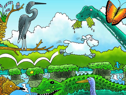 ‘It will be dark soon,’ whispered little lamb, ‘I must hurry.’ Can you see him bounding along? God made all the animals in this picture. Do you know what they are called? (Left to right: Echidna, heron, crocodile, brachiosaurus, bird, butterfly). – Slide 11