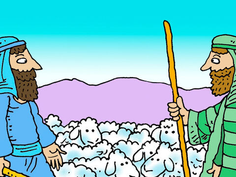 Abram (later called Abraham) and his nephew Lot had moved to the land of Canaan. They both had large flocks of sheep and herds of cattle that needed fresh pastures. As there was not enough pasture for all the animals, arguments and fights broke out between the shepherds and herdsmen of Abraham and Lot. – Slide 1