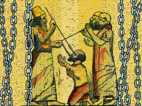The Assyrians captured Manasseh and put him in chains. They put a ring in his nose and led him to Babylon as a prisoner. Here is a picture from a museum showing an Assyrian king hooking prisoners by their noses. – Slide 15