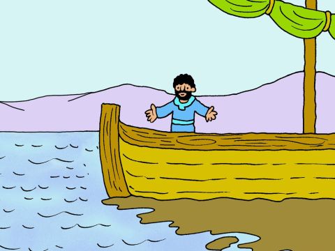 One day Jesus went out and sat by the lake. Large crowds gathered around Him. So, Jesus got into a boat and sat, while the people stayed on the shore. – Slide 1