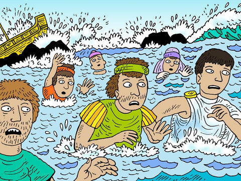 The soldiers wanted their commanding officer to let them kill the prisoners in case they swam ashore and escaped. But Julius wanted to spare Paul, so he refused. Then he ordered all who could swim to jump overboard and make for land, and the rest to hold on to planks and debris from the broken ship. – Slide 15