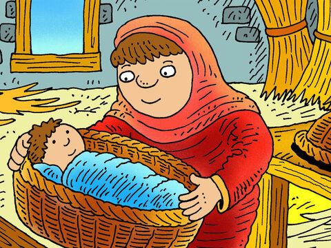 Jochebed showed her faith in God by hiding her baby Moses in a little floating basket. – Slide 4