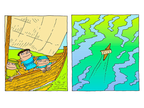 The men in the boat are tired. A gentle breeze tugs at the sail. – Slide 2