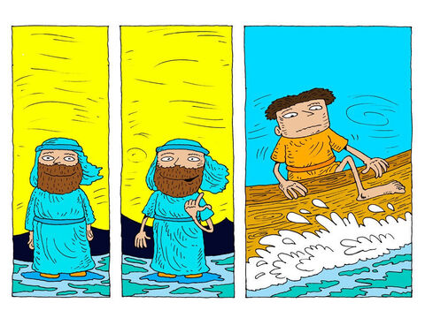 Jesus replies. ‘Come on then.’ <br/>Very cautiously, Peter lifts his leg over the side of the boat. – Slide 17