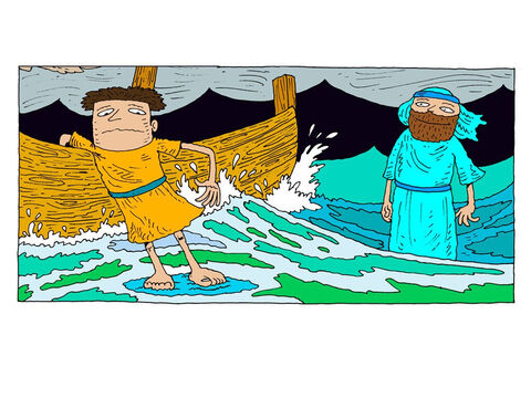 Peter holds onto the side of the boat, expecting to sink, but the water holds him up. – Slide 19