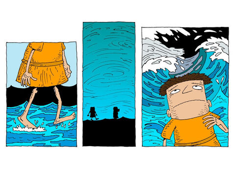 The boat is now out of reach. He keeps walking. But the wind is loud and the waves are crashing. – Slide 23