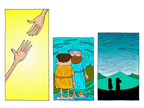 Jesus reaches out His hand and pulls Peter up to his feet again. <br/>‘Peter, you have such little faith,’ Jesus tells him, ‘why did you doubt?’ They both stand together on the water. – Slide 26