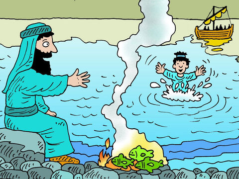 The other disciples followed in the boat, dragging the net full of fish. When they arrived at the shore, they saw a charcoal fire with fish lying on it, and some bread. – Slide 6