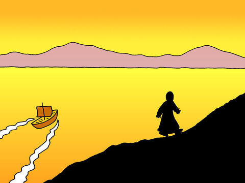 After feeding over 5,000 people with five loaves and two fish, Jesus told His disciples to get into their boat and go ahead of Him to the other side of Lake Galilee. Then Jesus went up on a mountainside by himself to pray. – Slide 1