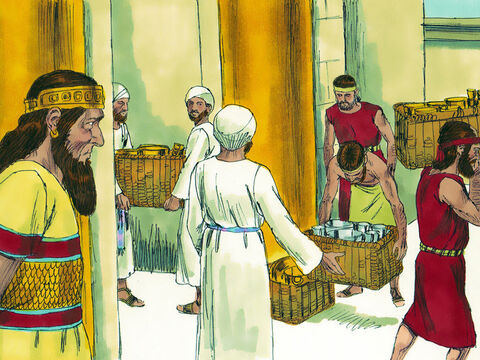 Their neighbours were very generous, giving them gifts. King Cyrus returned 5400 valuable objects of gold and silver the Babylonians had stolen from the Temple and gave them to Sheshbazzar the leader of Judah. – Slide 7