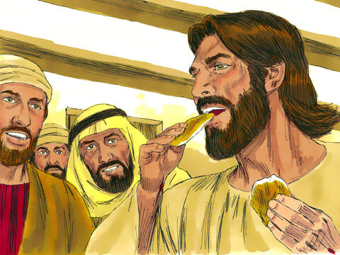 They gave Him a piece of broiled fish, and Jesus ate it as they watched. They now knew they were not seeing a ghost. – Slide 5