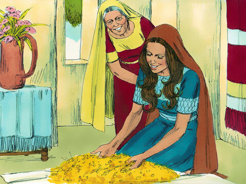 Ruth threshed the barley she had gathered and took it home to Naomi. It was a large amount, about 30 pounds (13 kilograms). She also brought Naomi the food leftover from the meal she had with Boaz and the harvesters. – Slide 9
