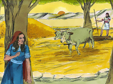 Ruth made her way down to the threshing floor where Boaz was working making sure she was not seen. – Slide 2