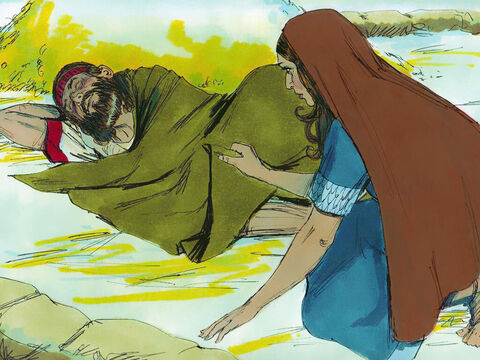 When Boaz had finished eating and drinking he lay down at the far end of a grain pile. Ruth crept up to him, uncovered his feet and lay down. – Slide 3