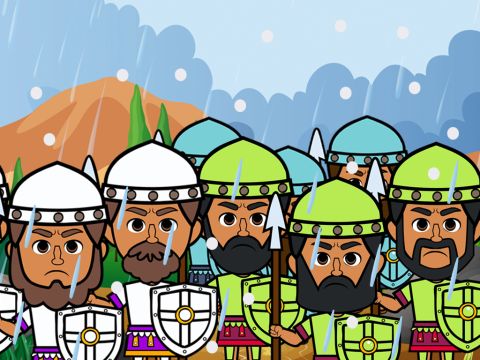 As the five enemy armies ran for their lives, the Lord sent a terrible hailstorm. The large hail stones hit the enemy soldiers very hard and many of them were not able to fight any more. – Slide 16