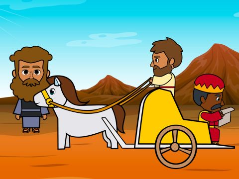 Philip suddenly saw the chariot of the Ethiopian man returning from Jerusalem. God told him to go over to the chariot and stay near it. <br/>So Philip ran toward the chariot. He heard the man reading from Isaiah, the prophet. Philip asked, ‘Do you understand what you are reading?’ – Slide 7