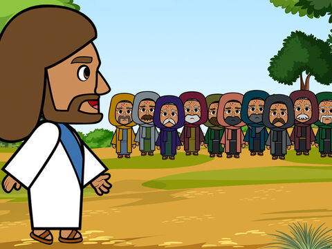One day Jesus was walking near the border that separated the Jews from the Samaritans. The ten men with leprosy saw Jesus but could not go close to him.  <br/>They cried out, ‘Jesus, Master, have mercy on us!’ – Slide 4
