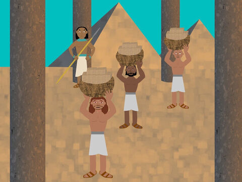 After Joseph and his brothers and family died, the people of Israel had lots and lots of children. A new king of Egypt began to rule and he became afraid of the Israelites and thought they would fight him to take over the land. So he made them slaves and used them to build the cities of Pithom and Raamses. – Slide 1