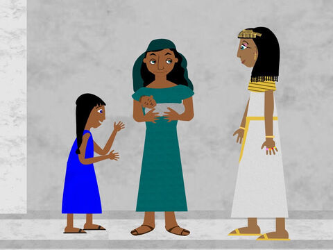 Then the sister of the baby came along and asked Pharaoh’s daughter if she would like a nurse to take care of the baby and the princess agreed to this. So his sister brought her mother to look after her own son. – Slide 6