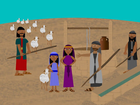 Moses came to a well in the desert to drink from. Some girls came along to water their flocks and shepherds tried to drive them away but Moses came to their rescue and gave drink to their animals. – Slide 12