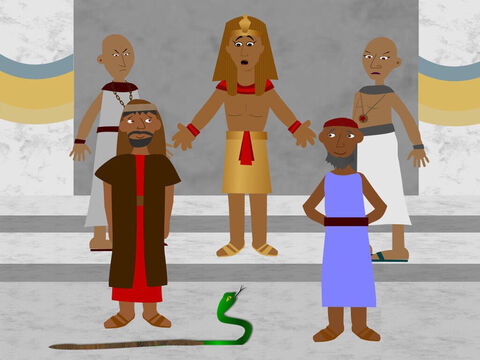 Moses and Aaron went to Pharaoh again and asked him to let God's people, the Israelites, go. To show God's power Aaron threw the rod he was holding to the ground and it became a snake. Pharaoh's magicians used their magic to make their rods become snakes too. – Slide 6