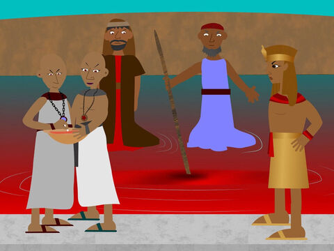 Moses and Aaron went to Pharaoh again. This time Aaron struck the River Nile with his rod and the water turned to blood and all the drinking water in Egypt became blood-red too. The magicians of Pharaoh used their magic to do the same thing. Pharaoh would not listen to God or let the Israelite slaves go. – Slide 8