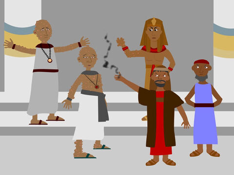 Next, God commanded Moses to take some ashes from a furnace and throw them in the air in front of Pharaoh. Horrible boils appeared on all the Egyptians and the magicians suffered so much from them they could not stand before Moses. But still Pharaoh refused to free the Israelite slaves. – Slide 13