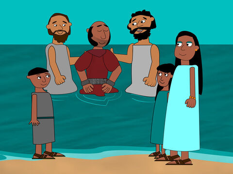 The jailer took care of Paul and Silas. He washed their wounds and then he and all his family were baptised. – Slide 15