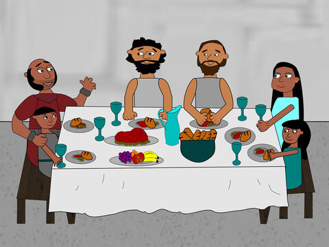 After this the jailer took Paul and Silas to his house to enjoy a meal together. He was very happy to be a Christian along with all his family and gave thanks to God. – Slide 16