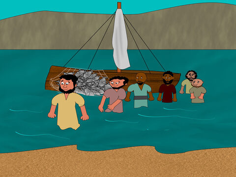 The rest of the disciples came ashore dragging the net with them. They were not far from the beach. – Slide 9