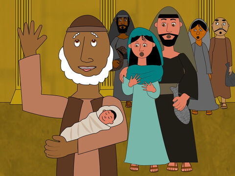 When Simeon saw baby Jesus he was filled with joy and taking Him in his arms praised God that he had seen his Saviour. Jesus would be a light to the gentiles and the glory of His people Israel. Mary and Joseph were amazed at these words. – Slide 3
