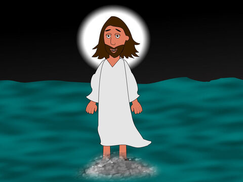 He came towards them walking on the water. The disciples were very frightened but Jesus said, ‘Be brave! It is Me, don’t be afraid!’ – Slide 6