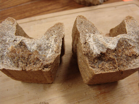 An example of a 4-week-old loaf that has dry white patches inside but has no mold, due to the pure frankincense. The priests ate the loaves after it had been displayed for one week in the sanctuary. – Slide 15
