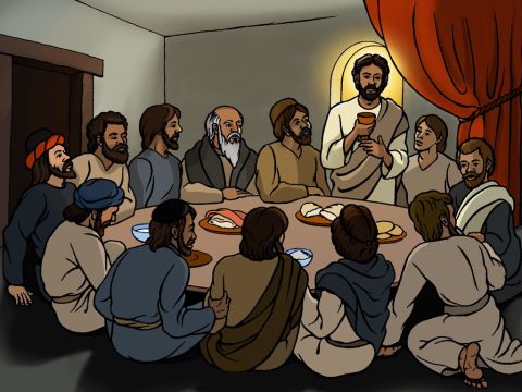 Later, when Jesus and His disciples were eating the Passover meal, Jesus took the bread, gave thanks to God and broke it. Then He gave it to His disciples, saying, ‘Take this and eat, this is my body.’ <br/>After that, Jesus also took a cup of wine and gave thanks to God again. Then He gave the cup to His disciples and they all drank from it. <br/>Then Jesus said to them, ‘This is my blood that is poured out for many people as a sacrifice. It marks the covenant between God and His people.’ – Slide 3