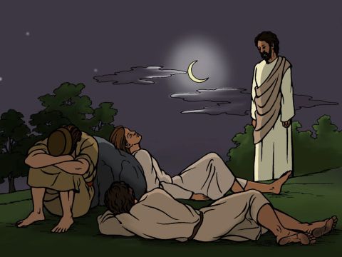 Jesus went away to pray three times, and three times He returned to find His disciples sleeping. He asked them, ‘Are you still sleeping and resting? Enough! The time has come.’ <br/>‘Look! The Son of Man is being given to sinners. Get up! Let’s go to meet them. The person who has betrayed me is coming.’ – Slide 6